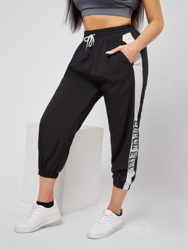 Plus Letter Graphic Drawstring Sports Pants