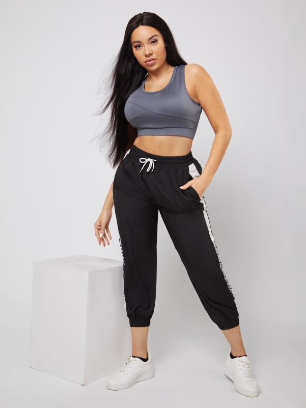 Plus Letter Graphic Drawstring Sports Pants