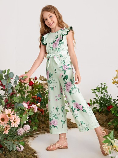 Girls Ruffle Trim Self Belted Jumpsuit