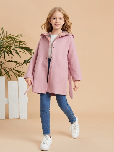 Girls Plaid Hooded Belted Overcoat