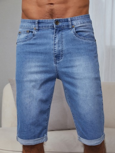 Men Stone Washed Roll Up Hem Denim Shorts