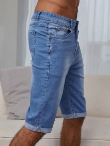 Men Stone Washed Roll Up Hem Denim Shorts