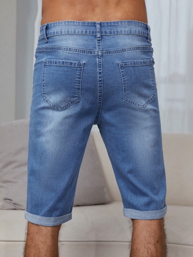 Men Stone Washed Roll Up Hem Denim Shorts