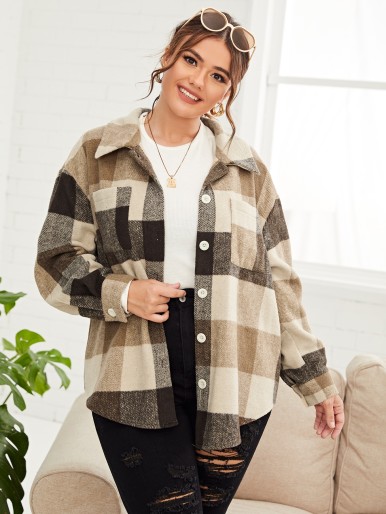 Plus Plaid Print Drop Shoulder Coat