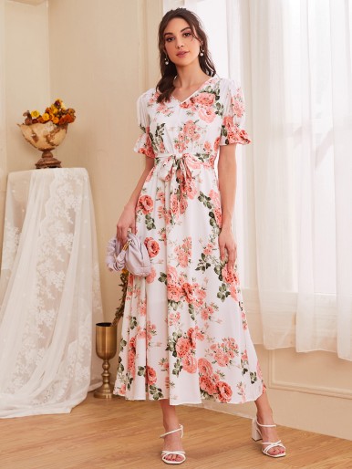Allover Floral Belted A-line Dress