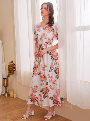 Allover Floral Belted A-line Dress