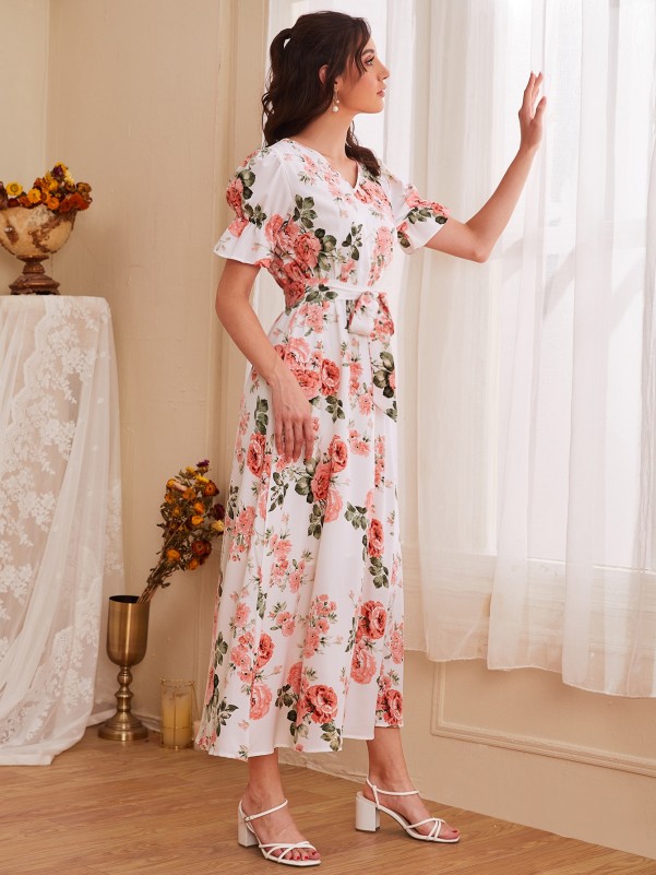 Allover Floral Belted A-line Dress