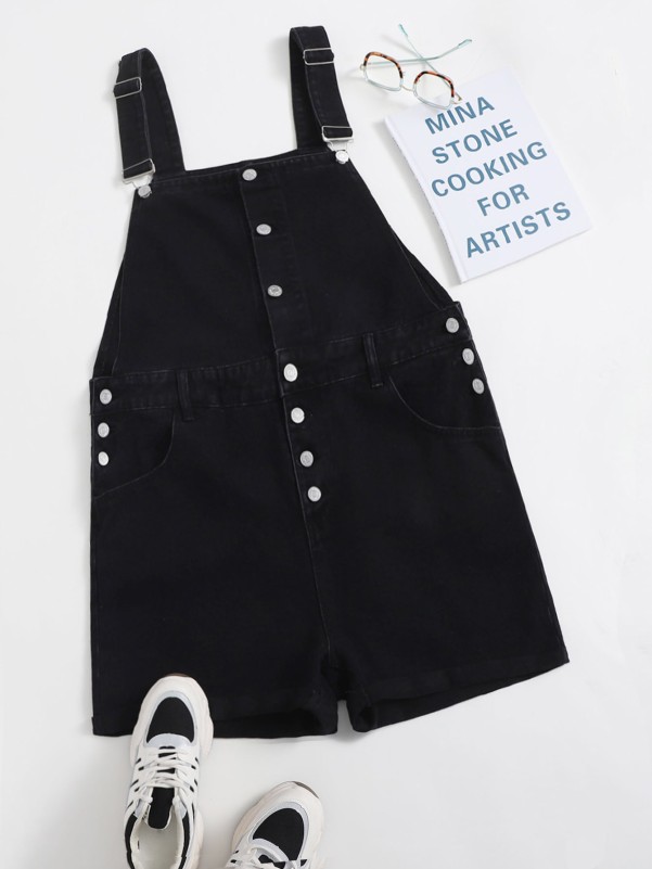 Plus Button Front Denim Overall Shorts