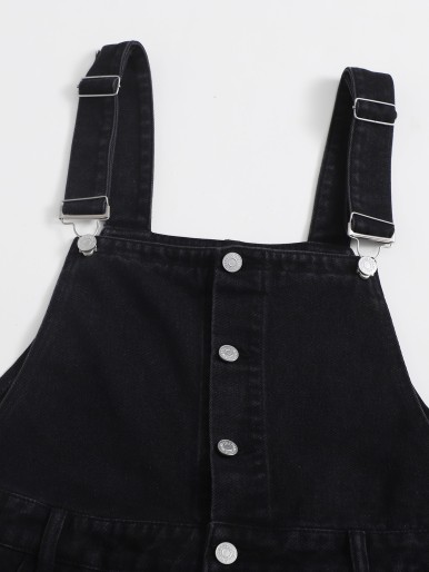 Plus Button Front Denim Overall Shorts