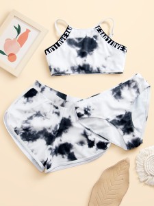 Girls Tie Dye Letter Tape Shorts Bikini Swimsuit