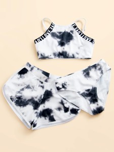 Girls Tie Dye Letter Tape Shorts Bikini Swimsuit