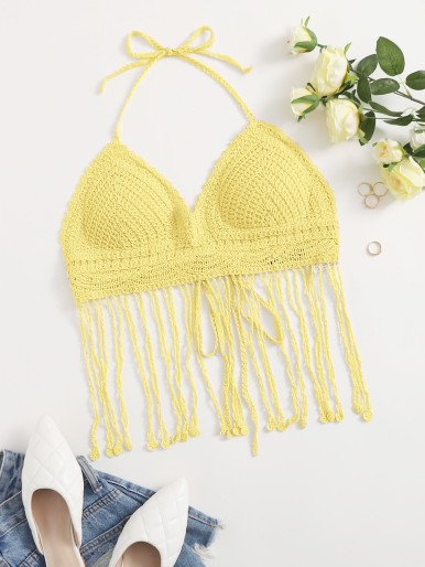 Fringe Hem Crochet Bikini Top