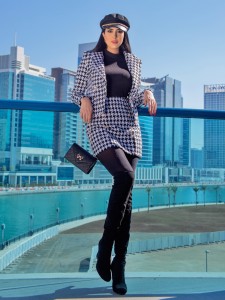 Shawl Collar Houndstooth Print Blazer and Bodycon Skirt Set