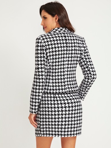 Shawl Collar Houndstooth Print Blazer and Bodycon Skirt Set