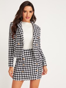 Shawl Collar Houndstooth Print Blazer and Bodycon Skirt Set