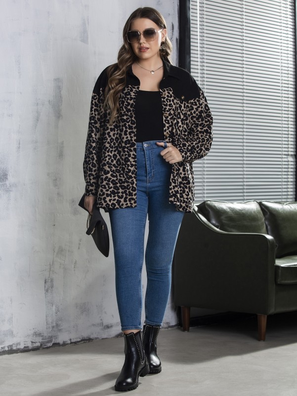 Plus Leopard Panel Drop Shoulder Coat