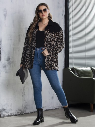 Plus Leopard Panel Drop Shoulder Coat