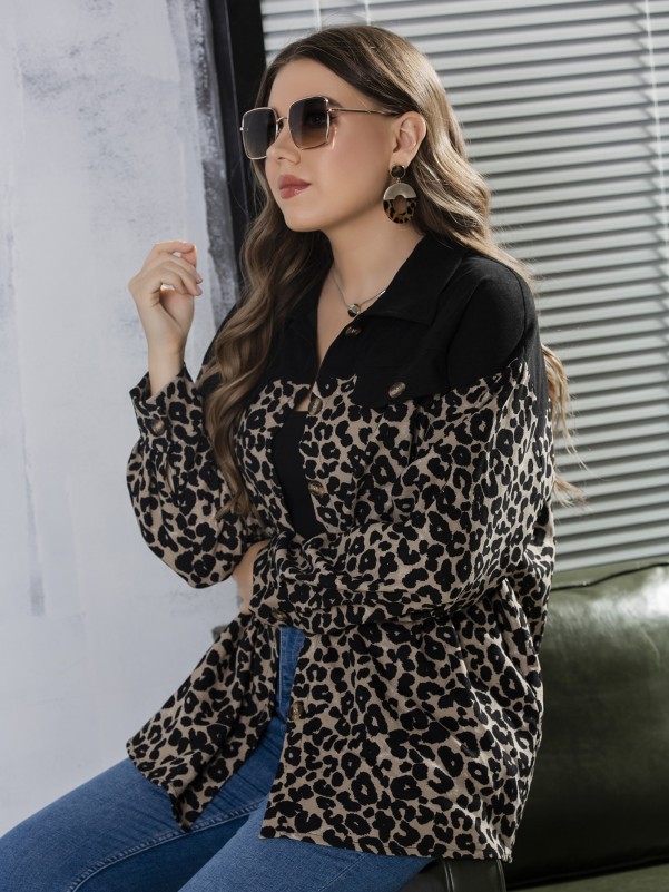 Plus Leopard Panel Drop Shoulder Coat