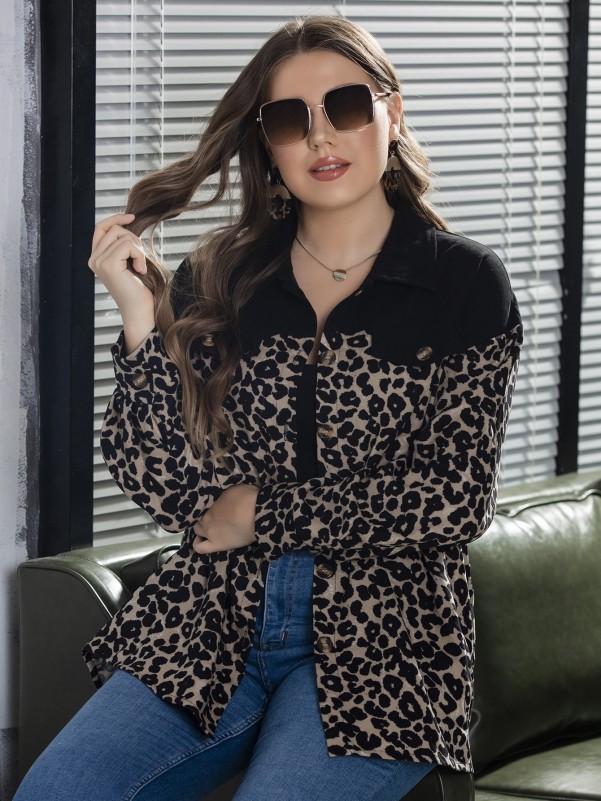 Plus Leopard Panel Drop Shoulder Coat