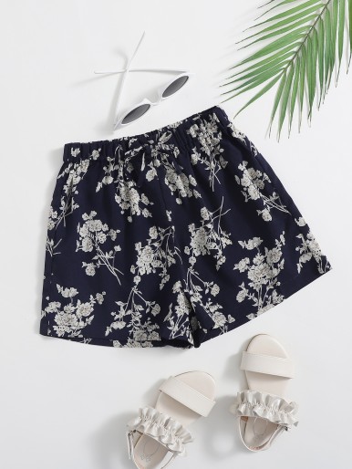 Girls Floral Elastic Waist Shorts