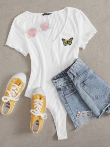 Butterfly Embroidery Lettuce Trim Rib-knit Bodysuit