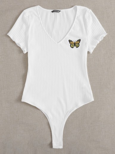 Butterfly Embroidery Lettuce Trim Rib-knit Bodysuit