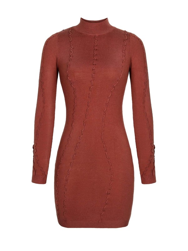 Solid Mock Neck Top-stitching Sweater Dress