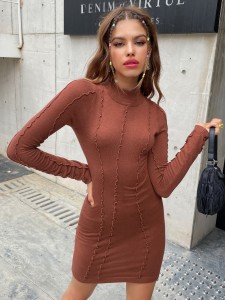 Solid Mock Neck Top-stitching Sweater Dress