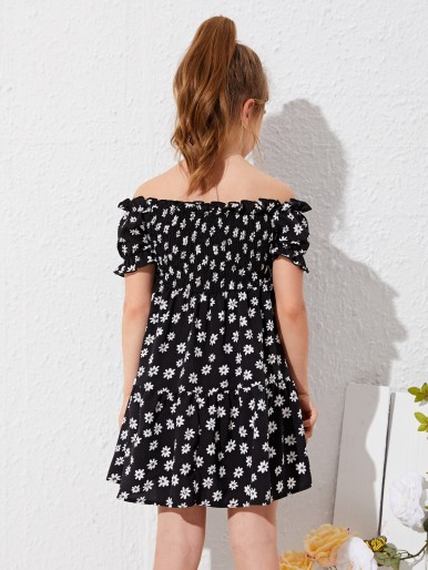 Girls Off Shoulder Shirred Detail Floral Dress