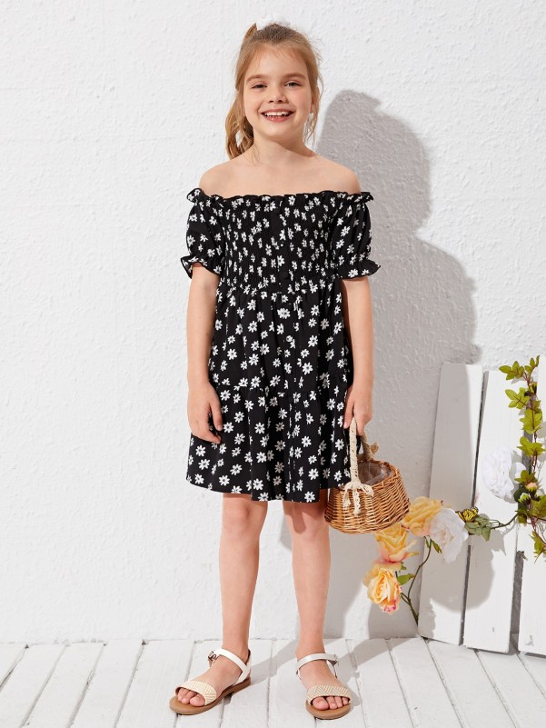 Girls Off Shoulder Shirred Detail Floral Dress