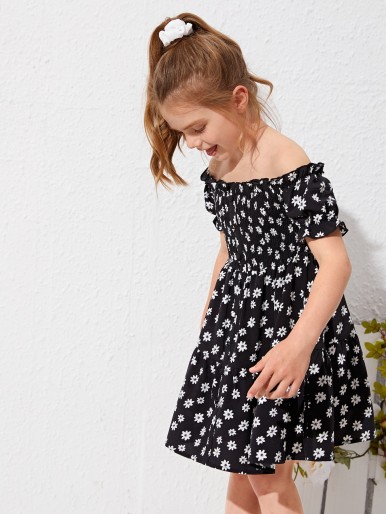 Girls Off Shoulder Shirred Detail Floral Dress