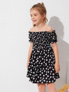 Girls Off Shoulder Shirred Detail Floral Dress