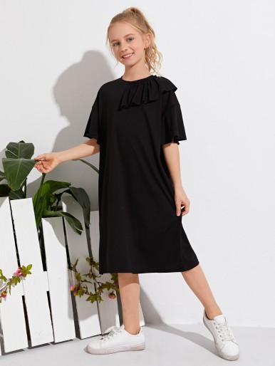 Girls Solid Ruffle Trim Tee Dress