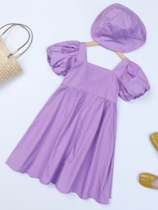 Girls Puff Sleeve Smock Dress With Hat