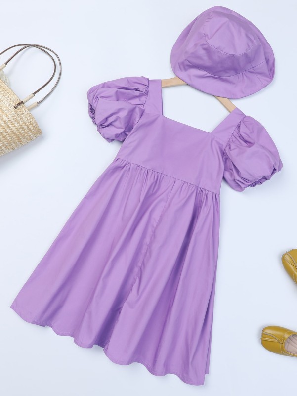 Girls Puff Sleeve Smock Dress With Hat