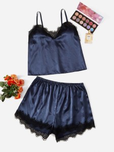 Lace Trim Satin Cami Top & Shorts PJ Set