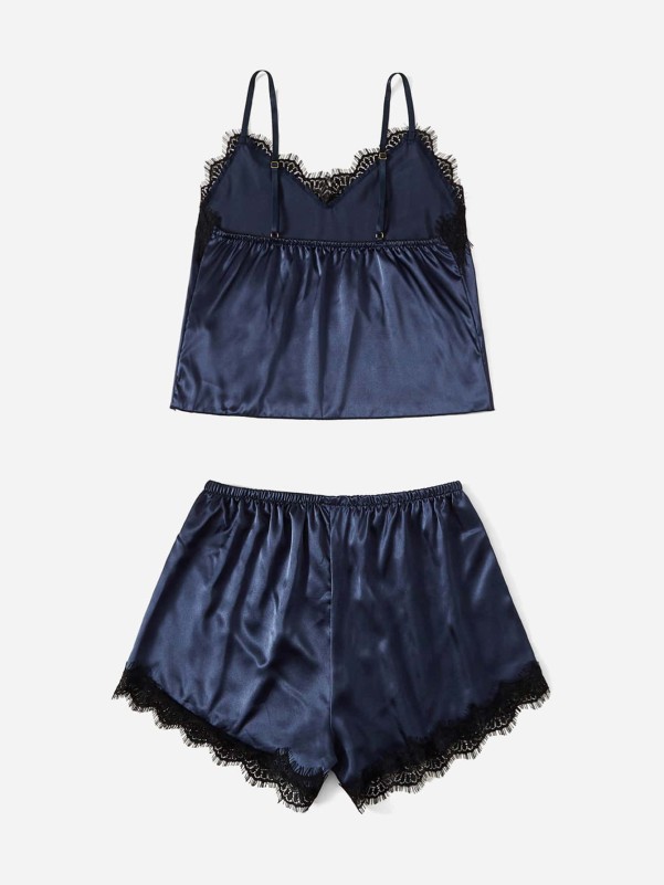 Lace Trim Satin Cami Top & Shorts PJ Set