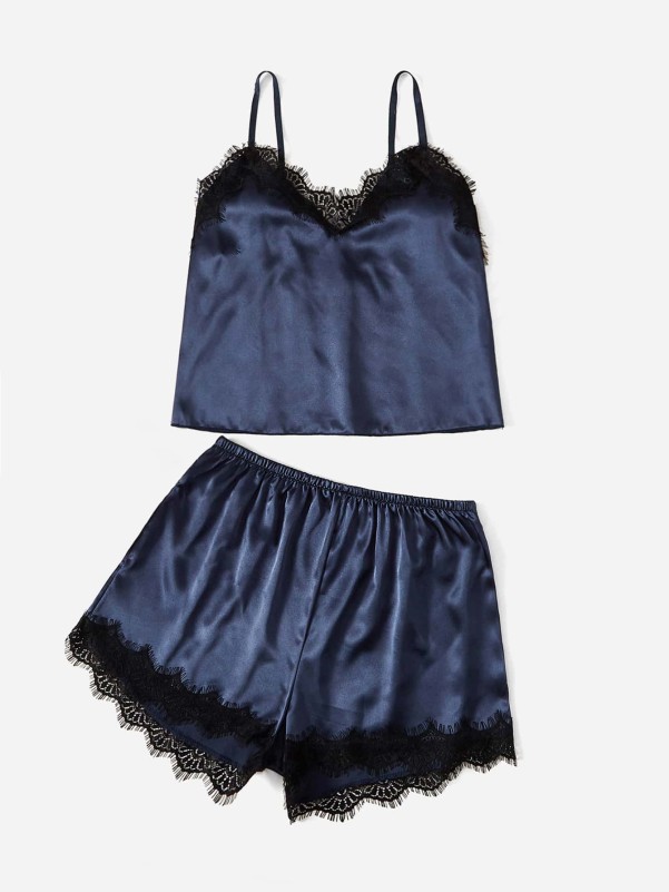 Lace Trim Satin Cami Top & Shorts PJ Set