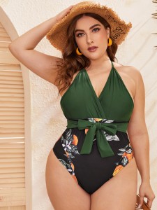 Plus Orange Print Knot Front One Piece Swimsuit