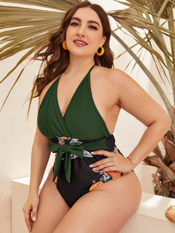 Plus Orange Print Knot Front One Piece Swimsuit