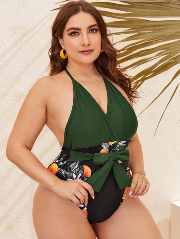 Plus Orange Print Knot Front One Piece Swimsuit