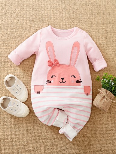 Baby Girl Striped Cartoon Embroidery Jumpsuit