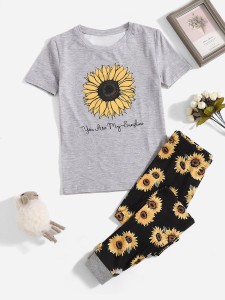 Girls Letter & Floral Print Tee & Pants PJ Set
