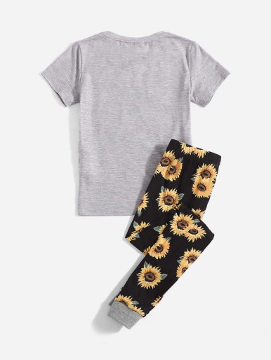 Girls Letter & Floral Print Tee & Pants PJ Set