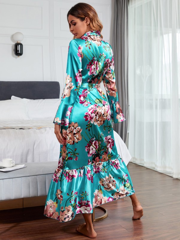 Floral Print Self Tie Satin Night Robe