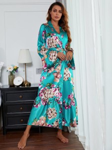 Floral Print Self Tie Satin Night Robe