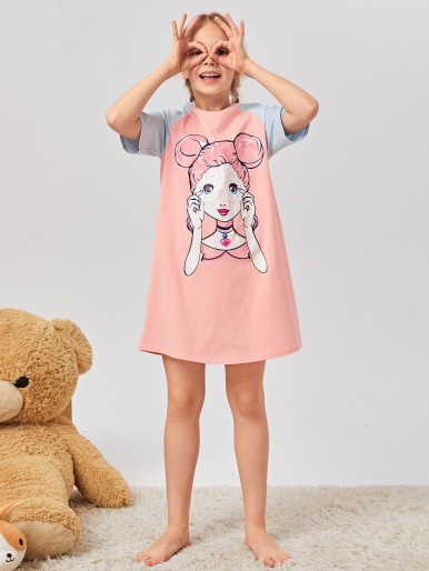 Girls Figure Graphic Colorblock Nightdress