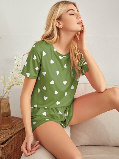Allover Heart Print Pajama Set