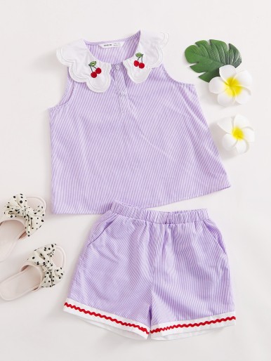 Toddler Girls Floral Embroidered Peter Pan Collar Striped Top & Shorts Set