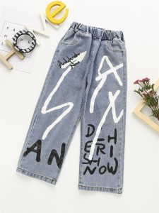 Girls Letter Graphic Wide Leg Jeans